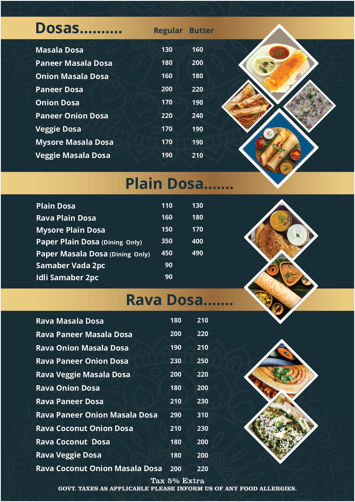 Dosas Menu